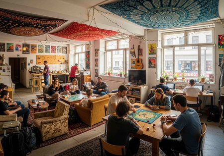 Unidentified people playing board games in a cafe