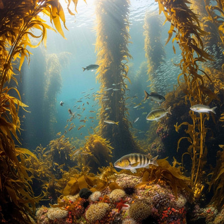 Underwater view of kelp, seaweed and fish on coral reef