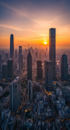 Aerial view of skyscrapers and business district in Shanghai at sunset