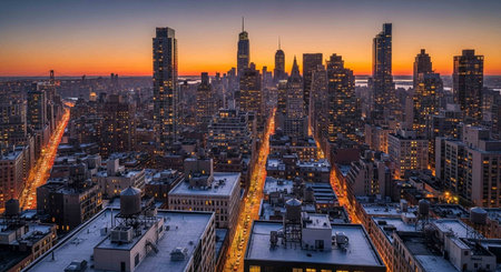 Aerial view of New York City Manhattan during sunset hours, USA.