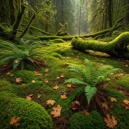 Green mossy forest floor with ferns and fallen leaves.の写真素材