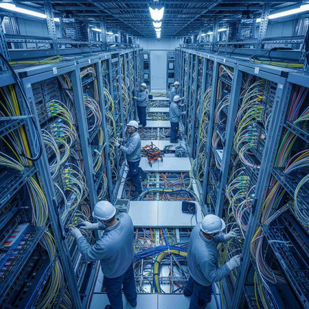 High angle view of workers working in server room.