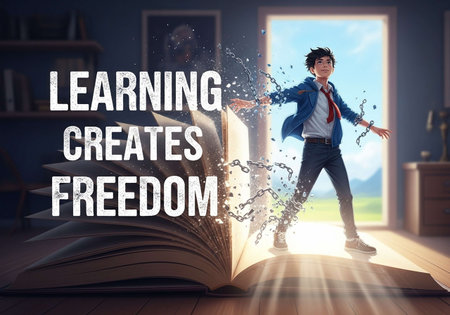 The word learning courses and happy boy jumping out of an open book