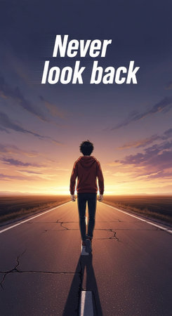 Young man standing on the road and looking at the sunsetの写真素材