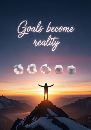 Good luck and believe against happy man standing on top of a mountainの写真素材