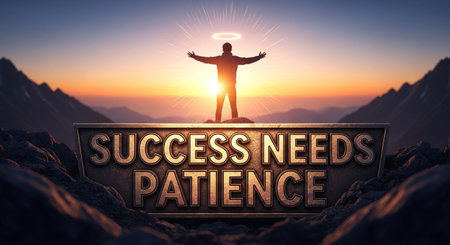 Silhouette of a man standing on top of a mountain with the text SUCCESS NEEDS PATIENCE