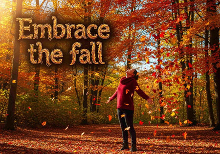 Woman in a red sweater and scarf in the autumn forest.の写真素材