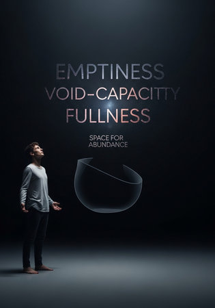 young man standing and looking at glass ball on black background
