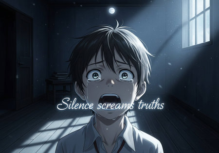 Surprised boy in a dark room 3D rendering