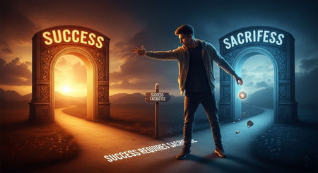 Businessman standing in front of the entrance to success and failure concept
