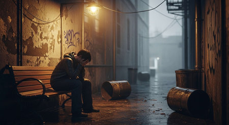 Young man sitting on a bench in the street at night in fog.の写真素材