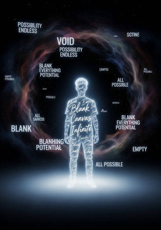 Man in dark space with world map on background. 3D renderingの写真素材