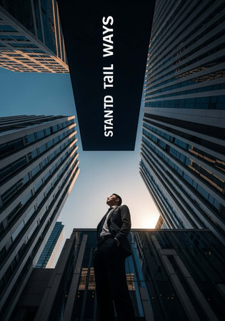 Businessman looking up against skyscrapers in the city at sunsetの写真素材