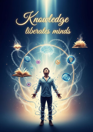 Image of young woman holding book in hands and looking at virtual interface