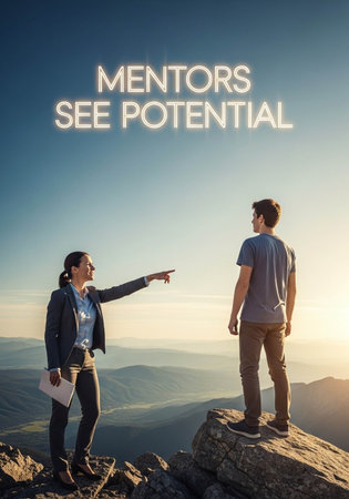 Man and woman standing on top of a mountain and pointing at the text: