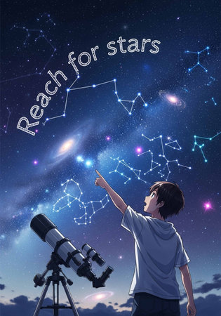 Boy looking through telescope against starry sky with lines and constellations