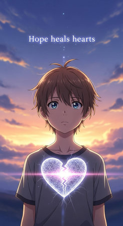 Hipster boy with heart-shaped neon lights on his shirt