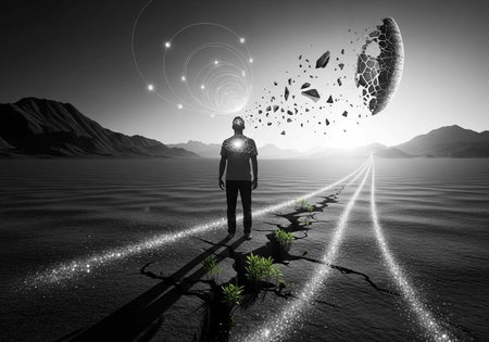 Man walking on the path leading to the future. 3D rendering