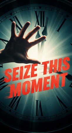 Close-up image of human hand touching clock with text SEIZE THIS MOMENT