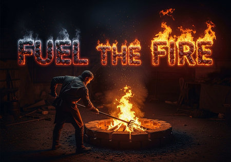 Man making fire in a forge. Conceptual image of fire and flame.