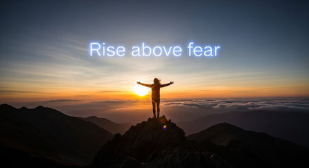 Silhouette of a person standing on top of a mountain and looking at the sunrise