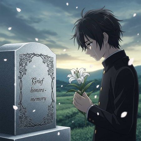 Illustration of a man with a grave and flowers in the backgroundの写真素材
