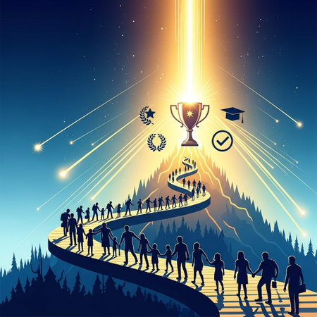 Vector illustration of a group of people walking on a path to successの写真素材