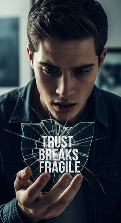young man holding broken glass with text TRUST BREAKS FRAGILE, cyber security conceptの写真素材