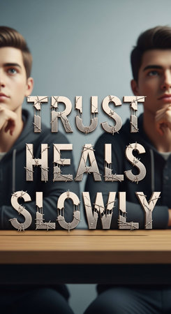 Conceptual image of two young men sitting at the table and looking at the camera. There is a message on the wall.の写真素材