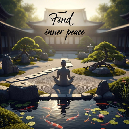 Yoga in the lotus position in a japanese gardenの写真素材