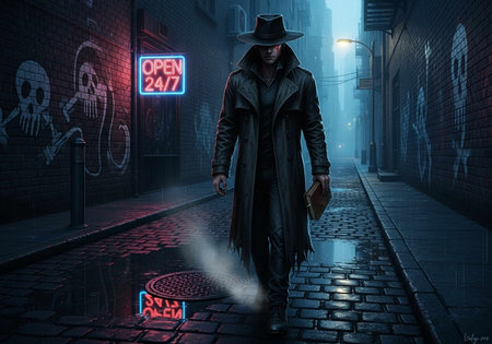 A man in a raincoat and a hat is walking in the night city.