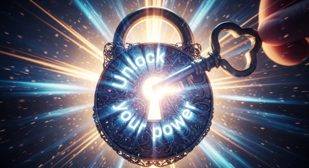 Digital composite of Digital composite image of hand holding padlock with open door textの写真素材