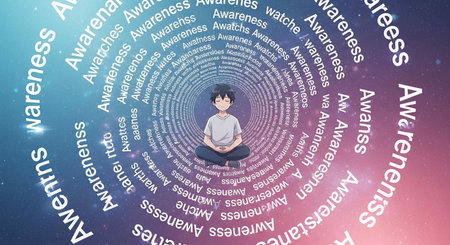 Man meditating in lotus pose with words around him against blue and pink background