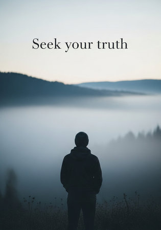 Silhouette of a man standing on the edge of a foggy valley and looking at the textの写真素材