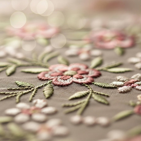 Embroidery on fabric. Seamless pattern with flowersの写真素材