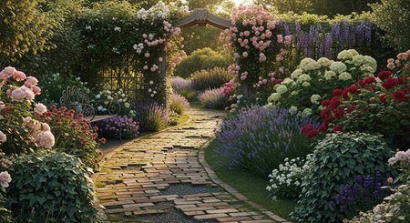 Beautiful flower garden in the morning light. Landscape design.の写真素材