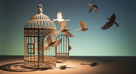 Bird cage with birds flying in the sky. 3d illustration.の写真素材