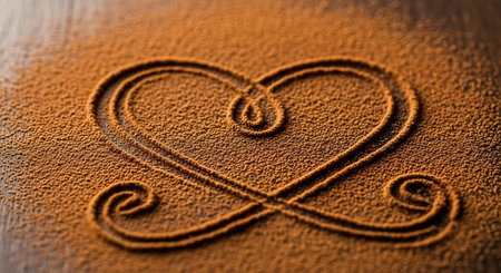 Heart drawn in cocoa powder on a wooden table. Selective focus.の写真素材