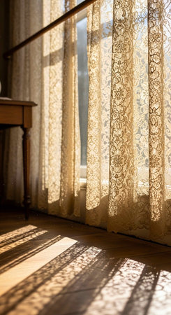 Luxury curtains on the window in a room with sunlight.