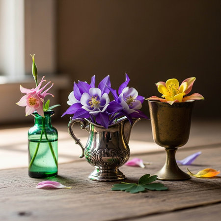 Purple and yellow flowers in a vase on a wooden tableの写真素材
