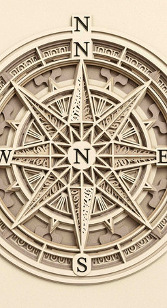 A 3d render of a compass rose showing the direction north and south
