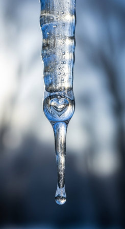 Icicle with a heart on a background of winter landscape.