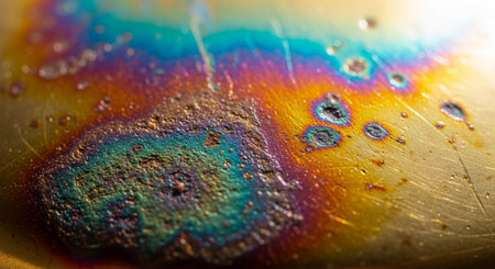 Macro shot of oil drops on metal surface. Abstract colorful backgroundの写真素材