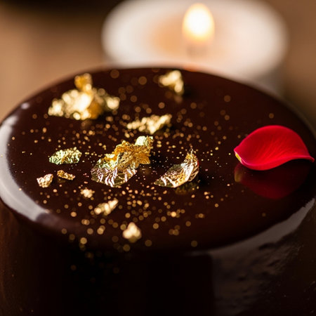 Chocolate cake with rose petals. Shallow dof.の写真素材