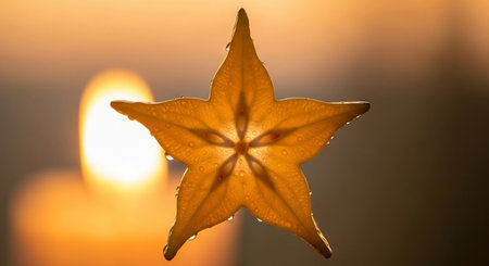 Close up of star shaped candle with water droplets on a yellow backgroundの写真素材
