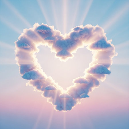 Heart shape made of clouds with rays of light on blue sky backgroundの写真素材