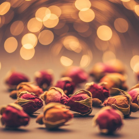 Dried rose buds with bokeh lights in the background.の写真素材
