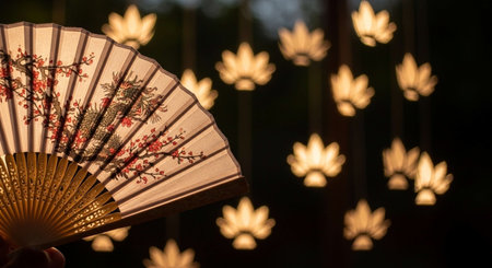 Folding fan on the background of the night city. Bokehの写真素材