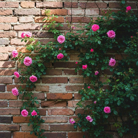 Vintage brick wall with pink rose flowers in garden. Natural backgroundの写真素材
