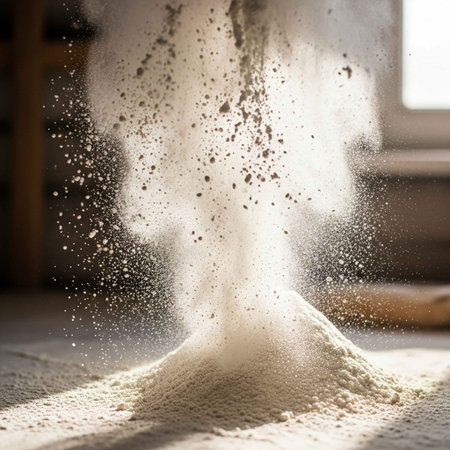 Pouring flour on the floor in the kitchen. Selective focusの写真素材